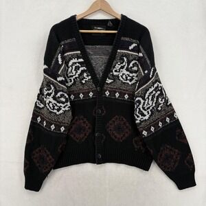 Vintage Expressions Cardigan Sweater Mens Medium Black Geometric 90s Grandpa